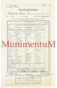 Zeugnis Schulnachrichten k.k. kuk Marine-Mädchen-Bürgerschule POLA Istrien 1890 - Bild 1 von 1