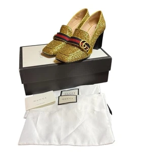Gucci Gold Glitter Web Stripe Peyton GG Marmont Loafer Pumps EU 37 US 7 - Picture 1 of 16
