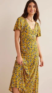 Boden Yellow Floral Print Jersey Short Sleeve V-Neck Midi Tea Dress 18 R - Picture 1 of 6