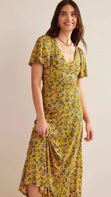 Boden Yellow Floral Print Jersey Short Sleeve V-Neck Midi Tea Dress 18 R - Image 1 of 4