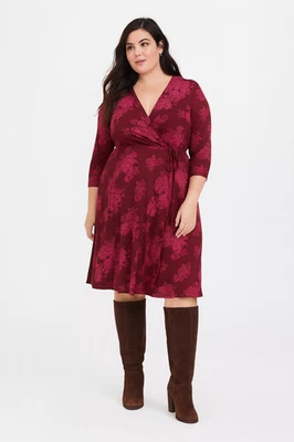 Torrid 4X Faux Wrap Midi Dress Burgundy Floral V-Neck 3/4 Sleeve Plus NWT - Image 1 of 4