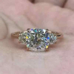 2.50Ct Cushion-Cut Moissanite Three Stone Engagement Ring 14k Yellow Gold Plated - Picture 1 of 6