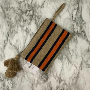 NWT J. Jill Jute Wristlet Clutch Bag w/ Tassel Orange Navy Blue Stripes 10.25x7" - Picture 1 of 5