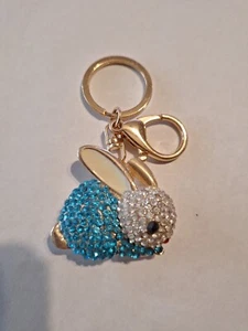 Funkelnder Schlüsselanhänger Ring Geldbeutelanhänger blau Hase Kaninchen Kristalle Strass NEU - Bild 1 von 3