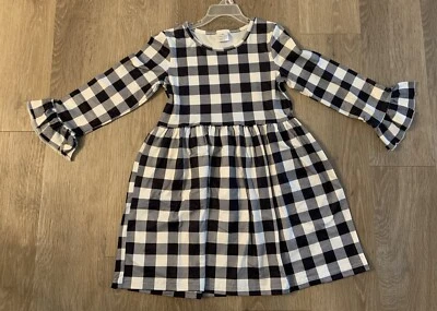 New Boutique Girls Size 4/5 Black & White Plaid Belle Sleeve Fall Dress - Image 1 of 4