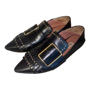 Bally Size 37.5 4.5 Hamelia Fringe Black Leather Pointy Toe Flat Shoes Womens - Picture 1 of 24