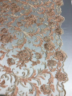 HAND LACE coral Fabric by the yard, 52" Wide Lace/ Mesh/ Scalloped - Image 1 of 2