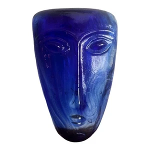 ART GLASS FLAT BACK  FACE MASK COBALT BLUE PRESSED ART MID CENTURY MODERN - Picture 1 of 11