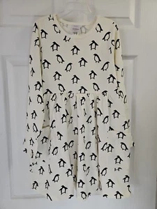 NWT Hanna Andersson SQUEAKY PENGUIN ECRU L/S PLAY DRESS WITH POCKETS 130 8 $48 - Picture 1 of 7