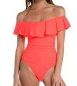 2019 La Blanca Off-the-shoulder Ruffle One-piece Swimsuit HOT CORAL sz 10