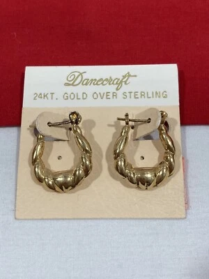 Vintage DANECRAFT 24kt Gold Over Sterling Scalloped Hoop Earrings NEW ON CARD - Image 1 of 4
