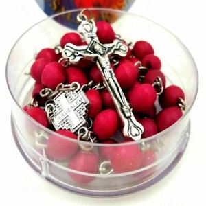 Catholic Red Rosel Rosary Necklace -  Holy Wooden Beads with Silver Cross - Picture 1 of 5