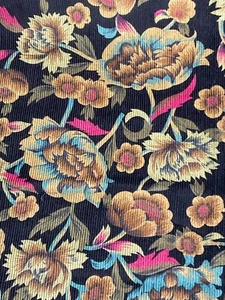 Vibrant Teal & Pink on Black Rich Exotic Floral Corduroy Fabric 44.5" x 32" - Picture 1 of 4