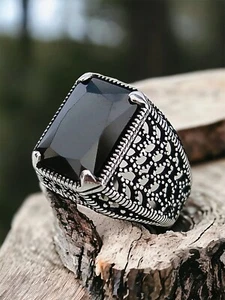 Luxury Black Rectangle Zircon & Natural Marcasite 925 Sterling Silver Men Ring - Picture 1 of 5