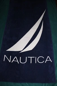 NAUTICA Navy Blue Cotton Terry Beach Towel Mod Sailboat Themed & Logo 33" X 67" - Picture 1 of 4