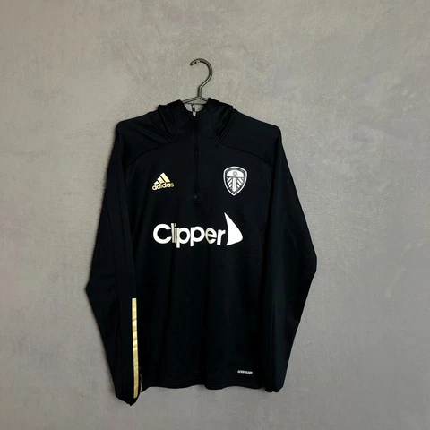 Leeds United Training Jacket Long Sleeve Hood Black Adidas Mens Size S Cover