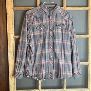 Ocean Current Men's Western Pearl Snap Plaid Shirt. Size 1X 24X 28 Gray Red - Picture 1 of 13
