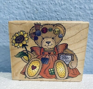 Country Bear with Sunflower Patchwork Quilt Wood Mounted Rubber Stamp Hero Arts - Bild 1 von 3