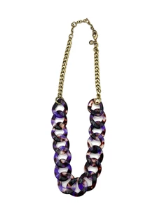 J. Collana girocollo grossa maglia resina acetato guscio tartaruga viola 20" tono oro - Foto 1 di 24