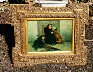 Antique oil panel painting poor family baby with dog street sleeping signed 