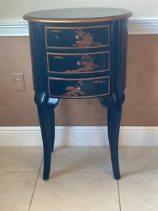 Asian Chinoiserie Oval 3 Drawer Table Chest Hand Painted - Picture 1 of 14