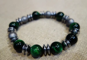 McQueens Custom Stretch Beaded Bracelet 8" Jewelry Green Tiger Eye Silver Gray - Picture 1 of 1