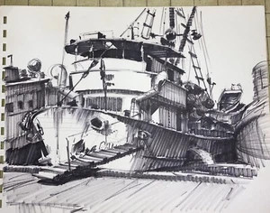 Original Vintage Drawing by R.G. Smith~Ca. 1950 Boats, Harbor - Picture 1 of 4