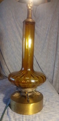 MID CENTURY ITALIAN MODERN AMBER ART GLASS  LONG NECK VASE ORNATE DOLPHINE BASE - Image 1 of 4