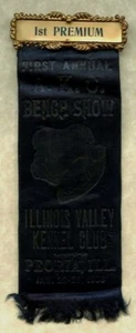 FIRST AKC BENCH SHOW 1908 PEORIA IL VALLEY KENNEL CLUB 1st PLACE RIBBON BULLDOG - Picture 1 of 2