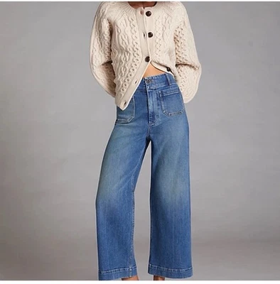 "Jeans Pilcro The Skipper azules tiro alto pierna ancha recortados bolsillos delanteros talla 27""" Foto 1 de 4