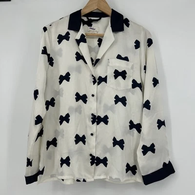 Kate Spade Bows 睡衣上衣女式 S 缎面白色黑色领 — 第 1/4 张图片