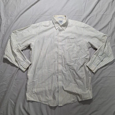 LL Bean Mens Shirt Yellow Blue Stripe Button Up Wrinkle Res. Regular Fit Sz 17.5 - Image 1 of 4