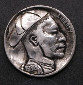 A Quiet Fan of Nothing at All - Hand Carved - Baseball Cap Hobo Nickel - Picture 1 of 3