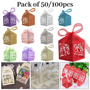 50/100pcs Laser Cut Love Heart Candy Favour Box with Ribbon Wedding B'day Party - Picture 1 of 58