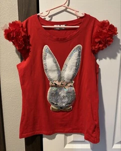 La Diosa Girls Short Sleeve Shirt Size Small With Rabbit Made Of Sequins - Picture 1 of 1
