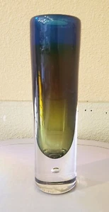 Vicke Lindstrand Blue, Amber, Green Glass Cylindrical Vase, 8.8" by Kosta - Picture 1 of 3