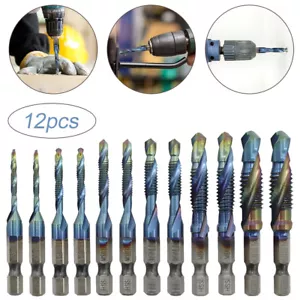 12 STCK. HSS 1/4" M3-M10 Sechskantschaft titanbeschichtete Schraube SAE Gewinde Gewindebohrer Bits - Bild 1 von 13