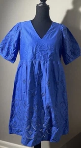 Vestido mini azul marino antiguo para mujer con cuello en V y ojales talla pequeña - Imagen 1 de 8