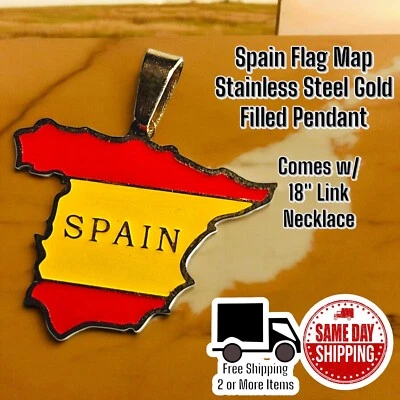 España España España Oro Relleno Acero Inoxidable Bandera Mapa Colgante con Collar 18" Foto 1 de 3