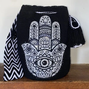 Authentic 100% Wayuu Mochila Colombian Bag large Size Black hamsa protector hand - Picture 1 of 10
