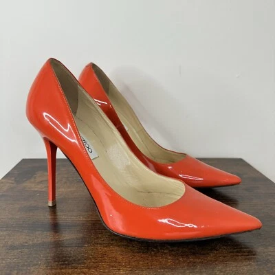 Jimmy Choo Abel Patent Leather Classic Pumps Size 38.5 US 8.5 Orange Stiletto - Image 1 of 4