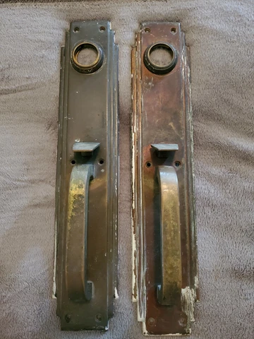 Antique Pair of Beveled Brass Door Handle Plates Thumb Latch & Lock Escutcheons Cover