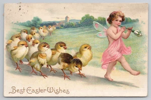 Pixie Fairy Playing Flower Flute Leading Baby Chick Parade Easter Postcard 1909 - Picture 1 of 5