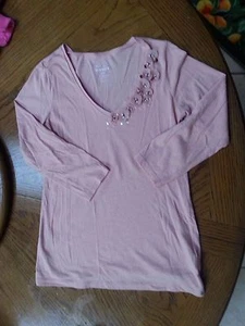 Old Navy pfirsich X-Small pfirsichfarben Stricktop 3/4 Arm V-Ausschnitt appliziert Perlen Blumen - Bild 1 von 8
