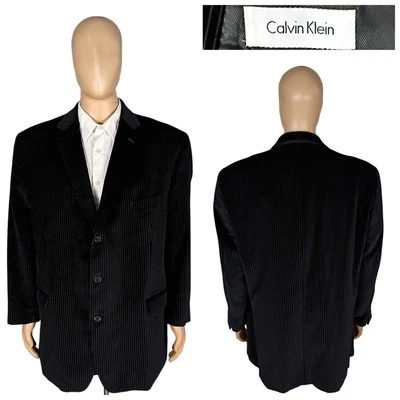 NUEVO Blazer Calvin Klein Tres Botones Negro Algodón Rayas Terciopelo Gamuza 52R Foto 1 de 4