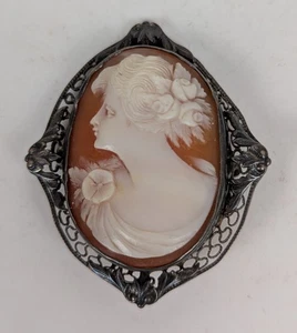 Vintage Sterling Silber geschnitzte Muschel Kamee Brosche/Anstecknadel - Bild 1 von 3