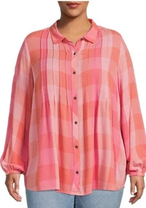 Terra & Sky Women's Plus Size 3X Pintuck Button Front Shirt Gauzy Orange Pink - Picture 1 of 21