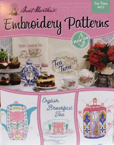 Aunt Marthas TEA TIME 413 Embroidery Transfer Pattern Book Teapot Cup Saucer NEW - Picture 1 of 4