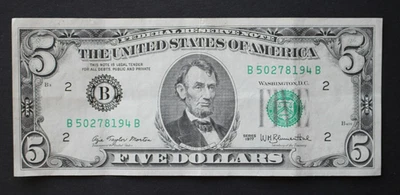 1977  $5 New York Federal Reserve Note/F-1974B/about uncirculated/FREE SHIPPING! - Image 1 of 4