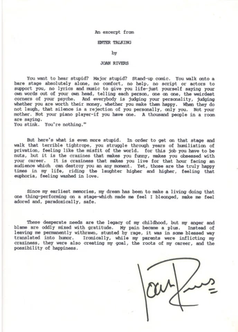 Joan Rivers. Died 2014. Comedian. Signed typescript from her book Enter Talking Cover